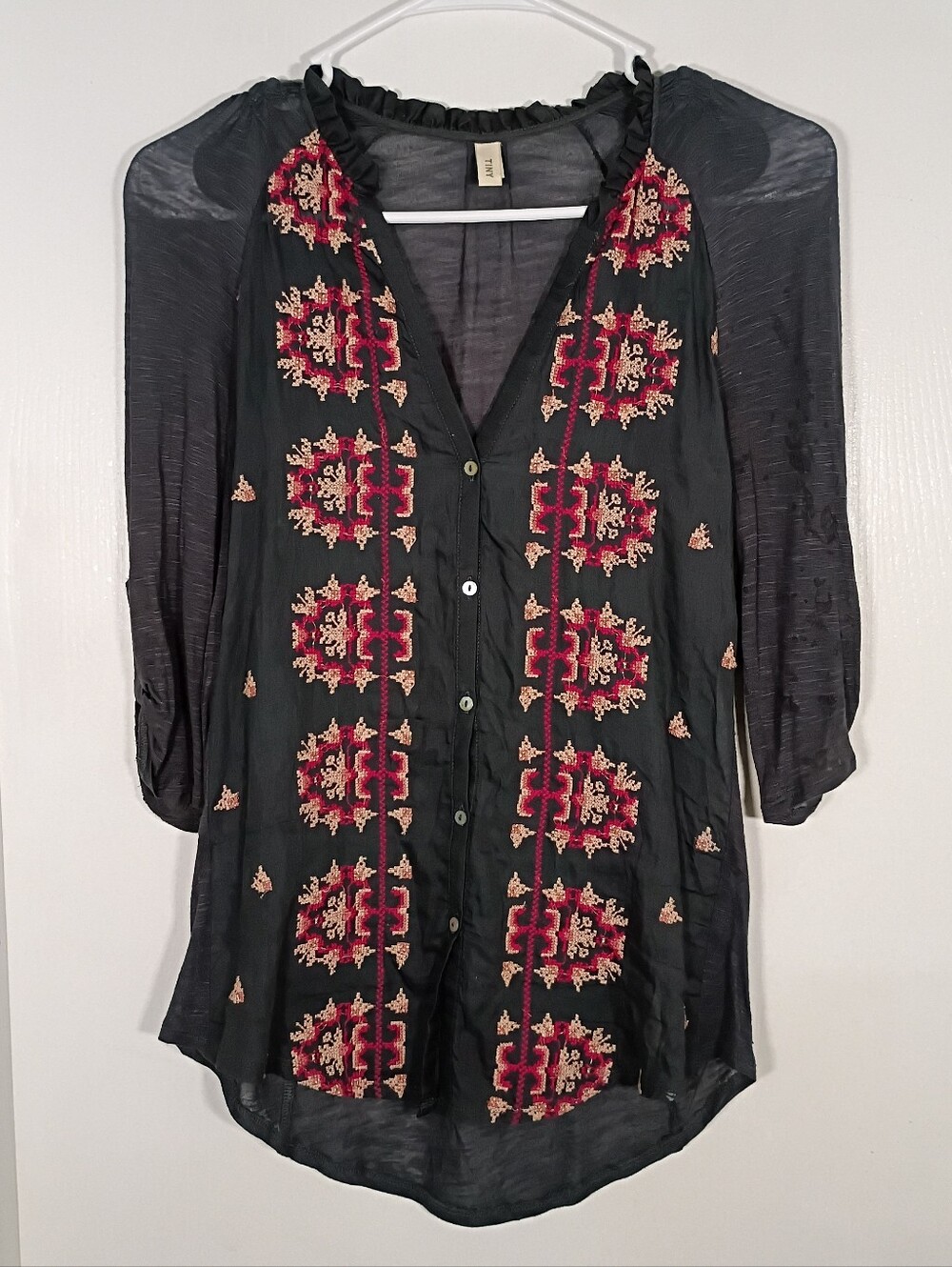 Anthropologie TINY Silk Blend Button Down Embroidered Blouse Top Women's Small